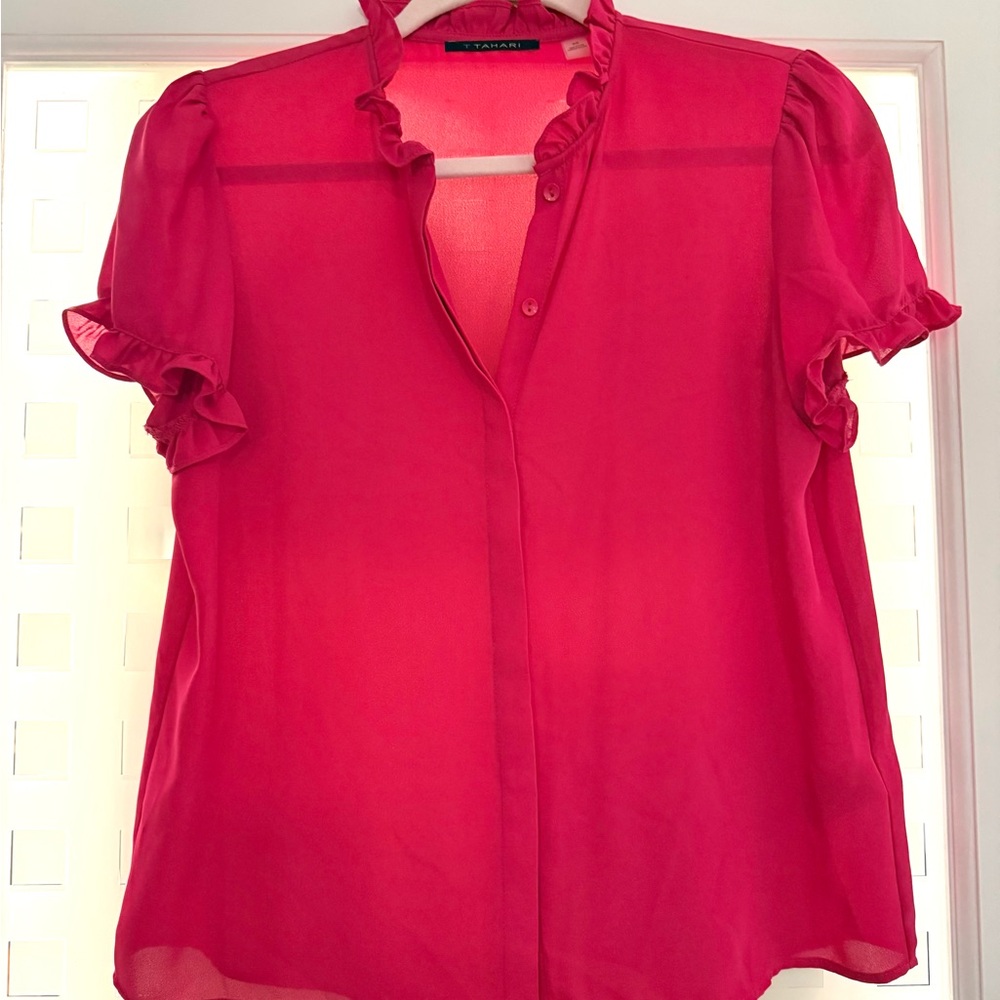 T Tahari Vibrant Pink Ruffled Blouse